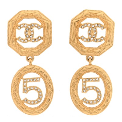 Metal Crystal Quilted CC No 5 Drop Earrings Gold