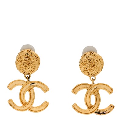 Metal CC Logo Drop Clip On Earrings Gold