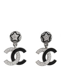 Crystal Enamel CC Star Drop Earrings Silver Black