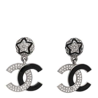 Crystal Enamel CC Star Drop Earrings Silver Black