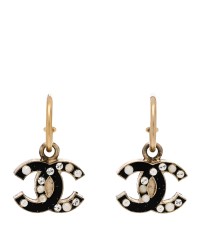 Glitter Enamel Pearl Crystal CC Drop Earrings  Black
