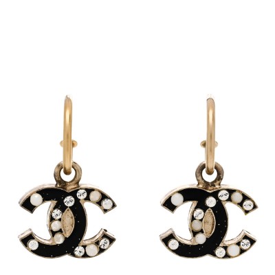 Glitter Enamel Pearl Crystal CC Drop Earrings  Black