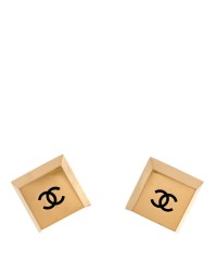 Metal CC Square Clip On Earrings Black Gold
