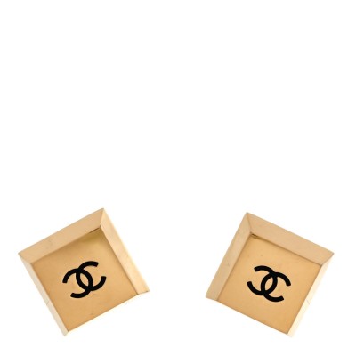 Metal CC Square Clip On Earrings Black Gold