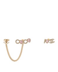 Metal Strass I Love Coco Heart Chain Climber Earrings Gold Pink