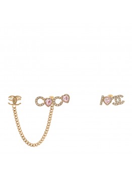 Metal Strass I Love Coco Heart Chain Climber Earrings Gold Pink