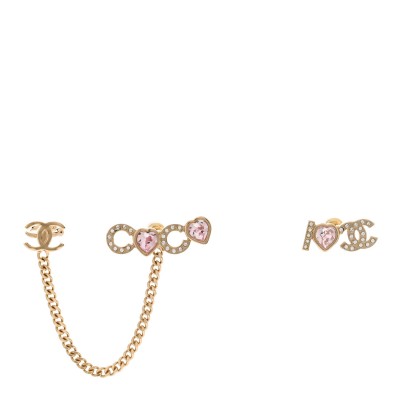 Metal Strass I Love Coco Heart Chain Climber Earrings Gold Pink