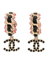 Lambskin Enamel Crystal CC Chain Hoop Drop Earrings Gold Black Pink