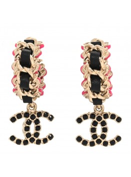 Lambskin Enamel Crystal CC Chain Hoop Drop Earrings Gold Black Pink