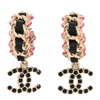 Lambskin Enamel Crystal CC Chain Hoop Drop Earrings Gold Black Pink