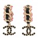 Lambskin Enamel Crystal CC Chain Hoop Drop Earrings Gold Black Pink