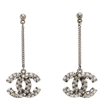 Baguette Crystal CC Drop Earrings Silver