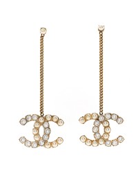 Pearl Crystal CC Chain Drop Earrings Gold White