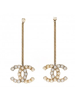 Pearl Crystal CC Chain Drop Earrings Gold White