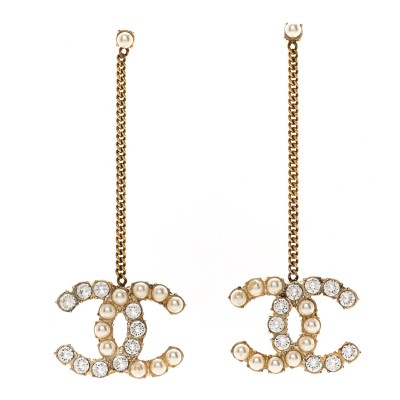 Pearl Crystal CC Chain Drop Earrings Gold White