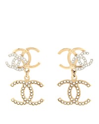 Crystal Pearl Double CC Drop Earrings Gold Silver