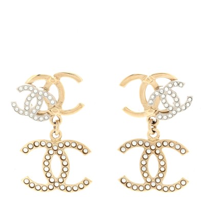 Crystal Pearl Double CC Drop Earrings Gold Silver