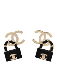 Metal Resin Lambskin Quilted CC Turnlock Chain Flap Bag Hoop Earrings Black Gold