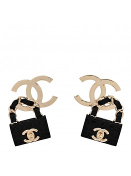 Metal Resin Lambskin Quilted CC Turnlock Chain Flap Bag Hoop Earrings Black Gold