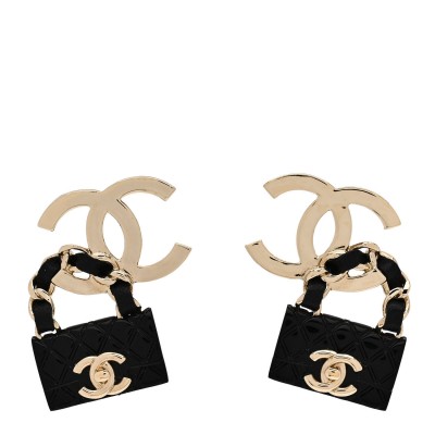 Metal Resin Lambskin Quilted CC Turnlock Chain Flap Bag Hoop Earrings Black Gold