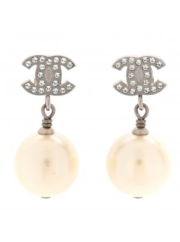 Crystal Pearl CC Drop Earrings Silver Pearly White