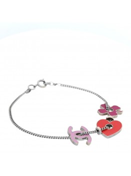 Enamel Heart CC Charm Bracelet Red Pink Silver