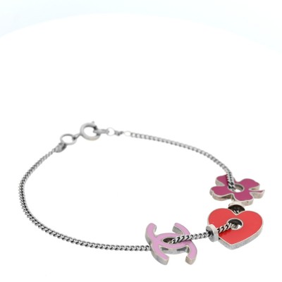 Enamel Heart CC Charm Bracelet Red Pink Silver