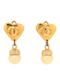 Metal Pearl CC Heart Drop Clip On Earrings Gold
