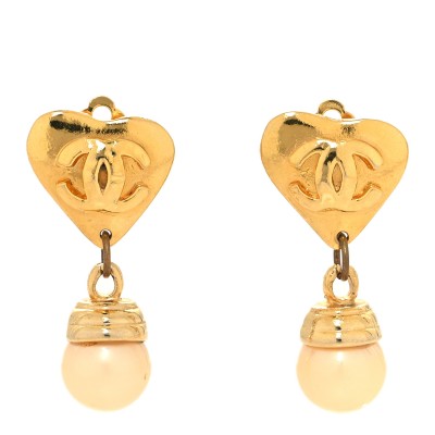 Metal Pearl CC Heart Drop Clip On Earrings Gold