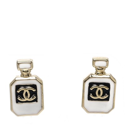 Resin CC No 5 Perfume Bottle Earrings Gold Pearly White