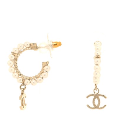 Pearl CC Hoop Drop Earring Gold
