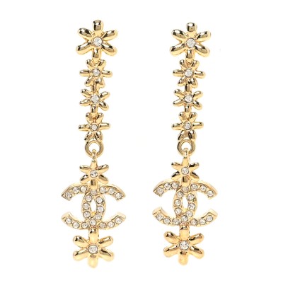 Metal Crystal CC Drop Earrings Gold