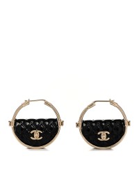Metal Resin Quilted Flap Bag Hoop Earrings Black Gold