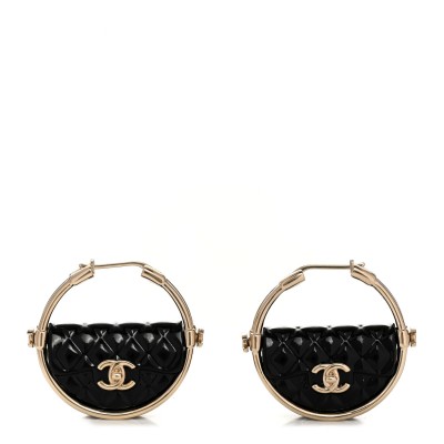 Metal Resin Quilted Flap Bag Hoop Earrings Black Gold