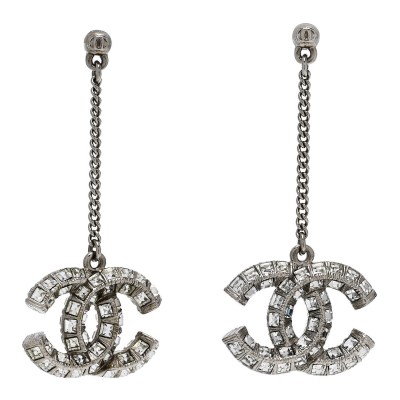 Baguette Crystal CC Drop Earrings Silver