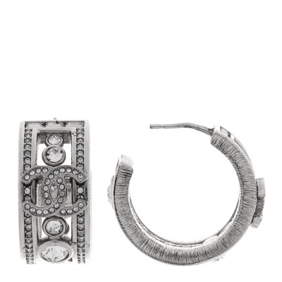 Metal Crystal CC Hoop Earrings Silver