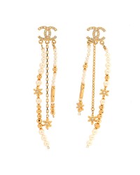 Pearl Crystal CC Flower Chain Multi Drop Earrings Gold