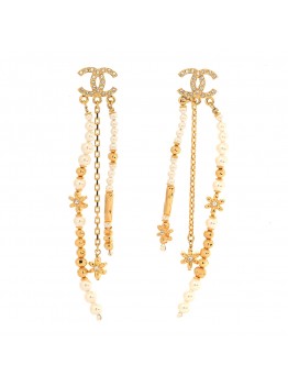 Pearl Crystal CC Flower Chain Multi Drop Earrings Gold