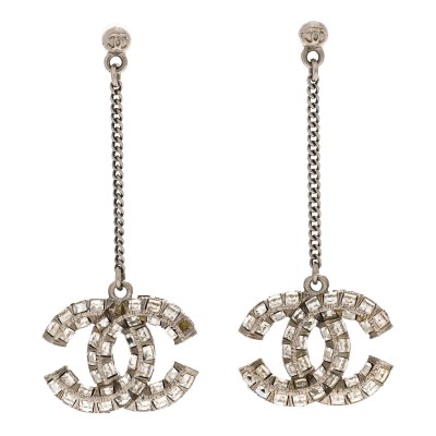 Baguette Crystal CC Drop Earrings Silver