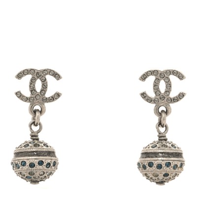 Crystal CC Ball Drop Earrings Silver Blue