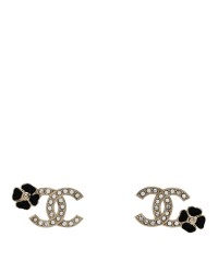 Metal Resin Crystal CC Flower Earrings Black Gold