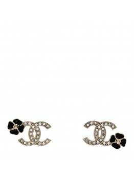 Metal Resin Crystal CC Flower Earrings Black Gold