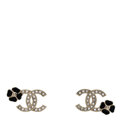 Metal Resin Crystal CC Flower Earrings Black Gold