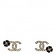 Metal Resin Crystal CC Flower Earrings Black Gold