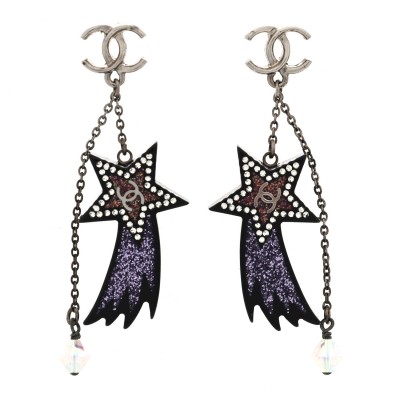 Resin Crystal CC Shooting Star Dangle Earrings Silver Purple