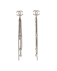 Metal Chain Pearl CC Drop Earrings Silver