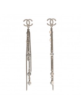 Metal Chain Pearl CC Drop Earrings Silver
