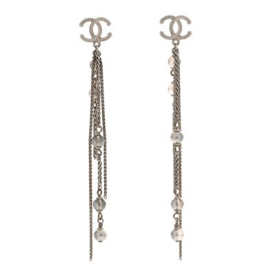 Metal Chain Pearl CC Drop Earrings Silver