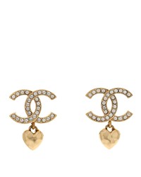 Metal Crystal CC Heart Drop Earrings Gold