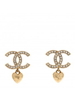 Metal Crystal CC Heart Drop Earrings Gold
